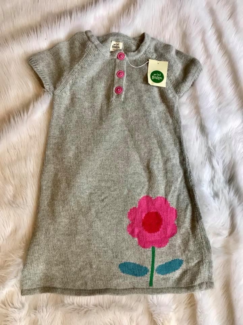 Mini Boden Grey Knit Dress with Pink Flower Appliqué